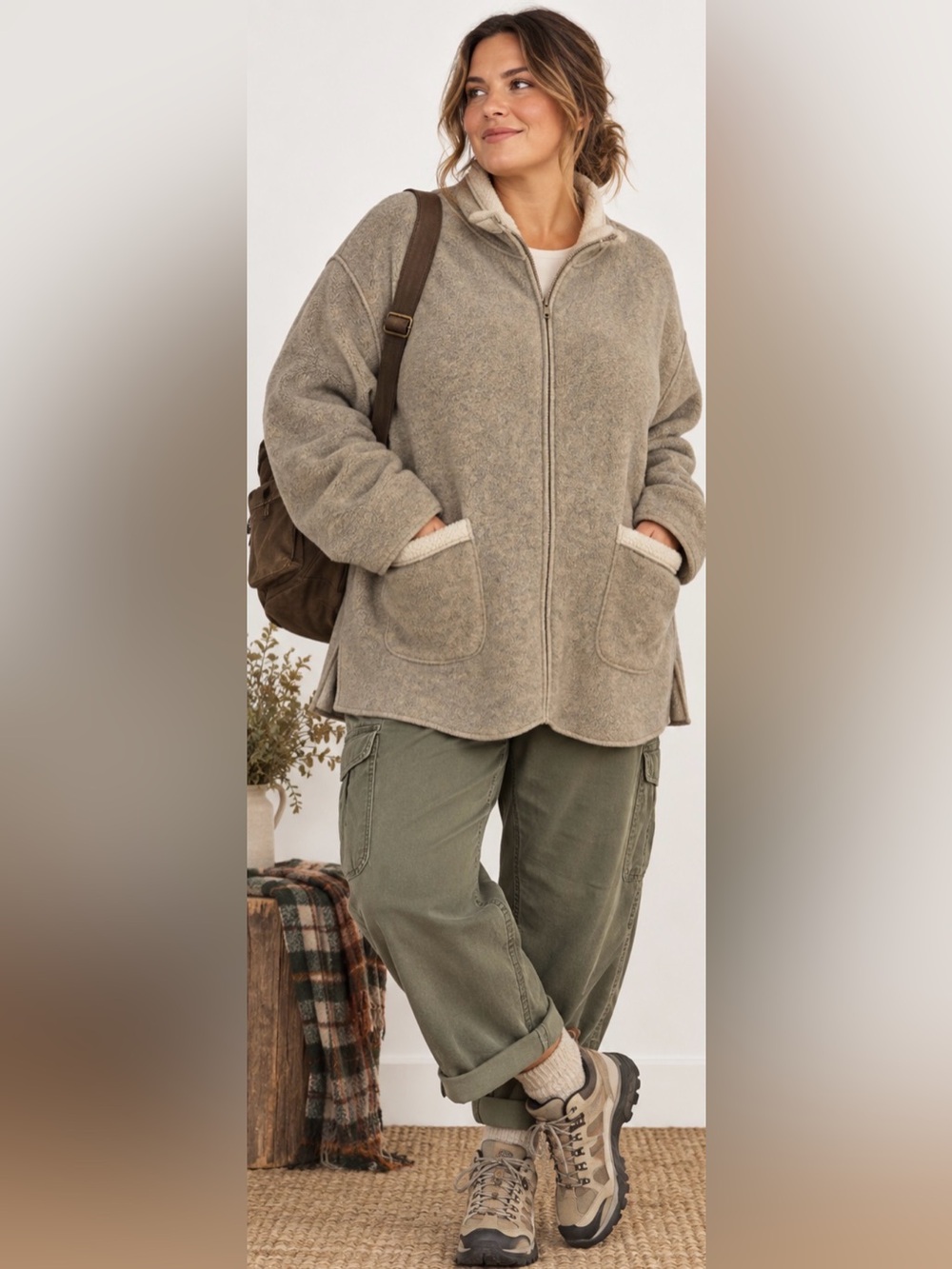 Denim&Co Taupe Teddy Fleece SherpaCabincore Gorpcore Oversized Zip Jacket 3XL